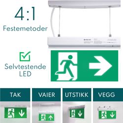 LED lysende nød- og rømningsskilt for tak, vegg eller utstikk - pil høyre